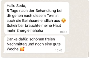 WhatsApp-Nachricht einer Kundin: 8 Tage nach der Behandlung